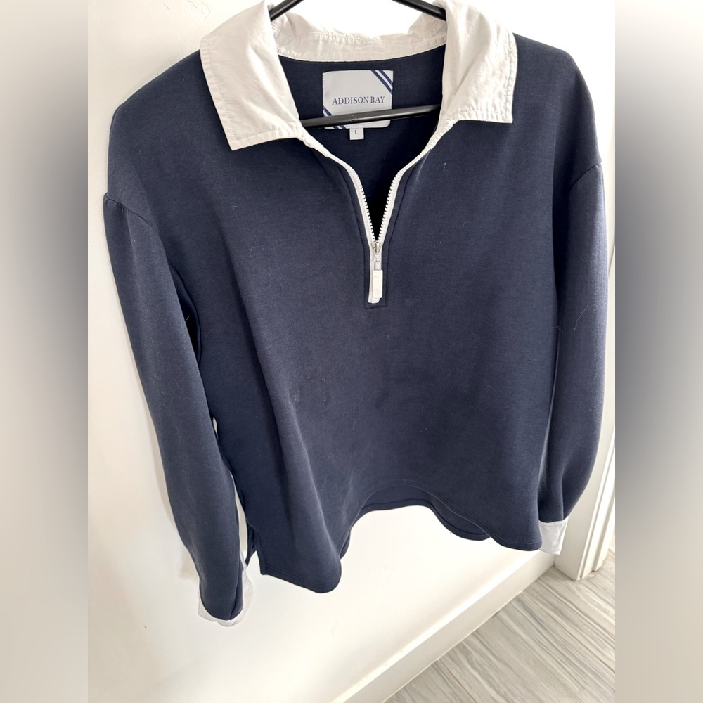 ADDISON BAY Women's Rugby Sweatshirt, Navy And White Size Large